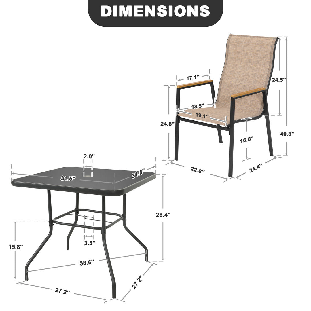 5PCS Patio Dining Set with Umbrella Hole, Textilene Stackable Chairs