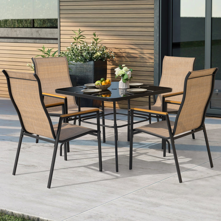 5PCS Patio Dining Set with Umbrella Hole, Textilene Stackable Chairs