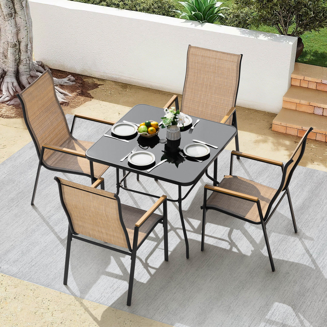 5PCS Patio Dining Set with Umbrella Hole, Textilene Stackable Chairs