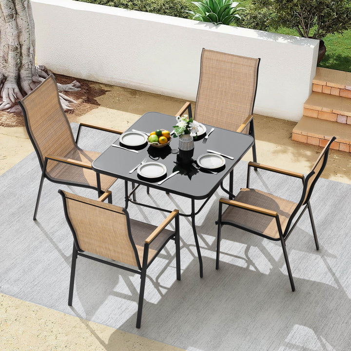 5PCS Patio Dining Set with Umbrella Hole, Textilene Stackable Chairs