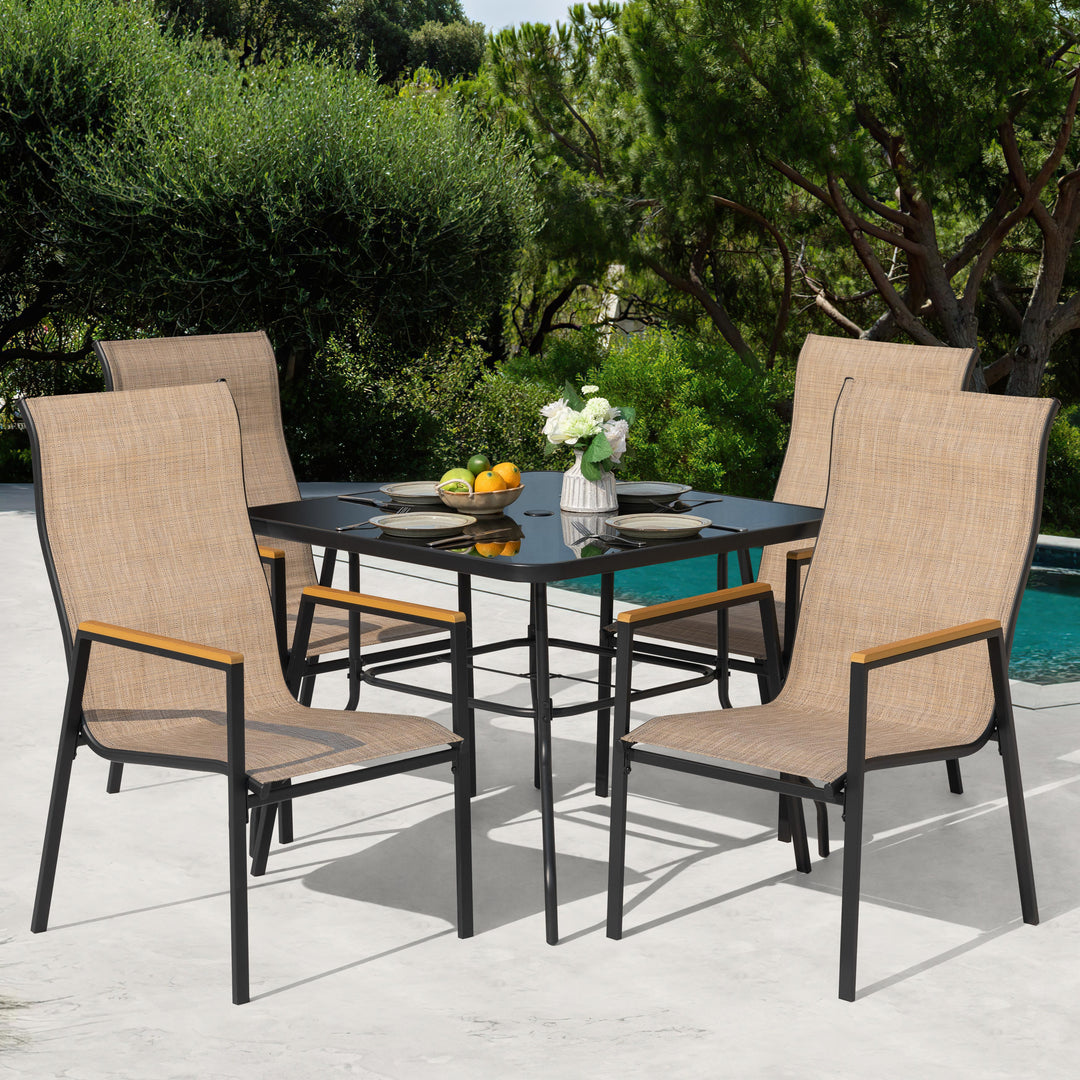 5PCS Patio Dining Set with Umbrella Hole, Textilene Stackable Chairs