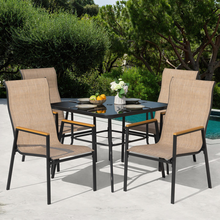 5PCS Patio Dining Set with Umbrella Hole, Textilene Stackable Chairs