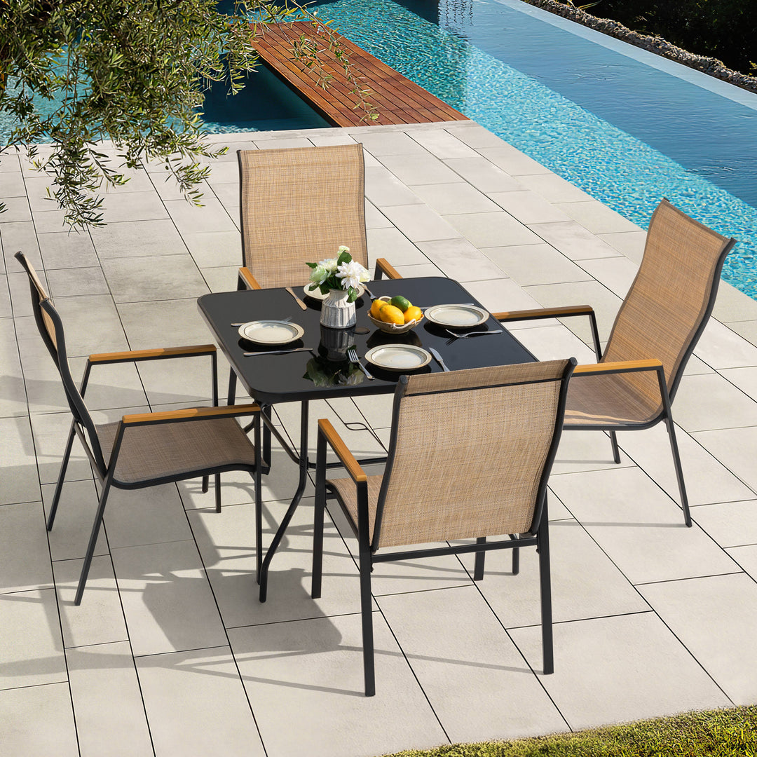 5PCS Patio Dining Set with Umbrella Hole, Textilene Stackable Chairs