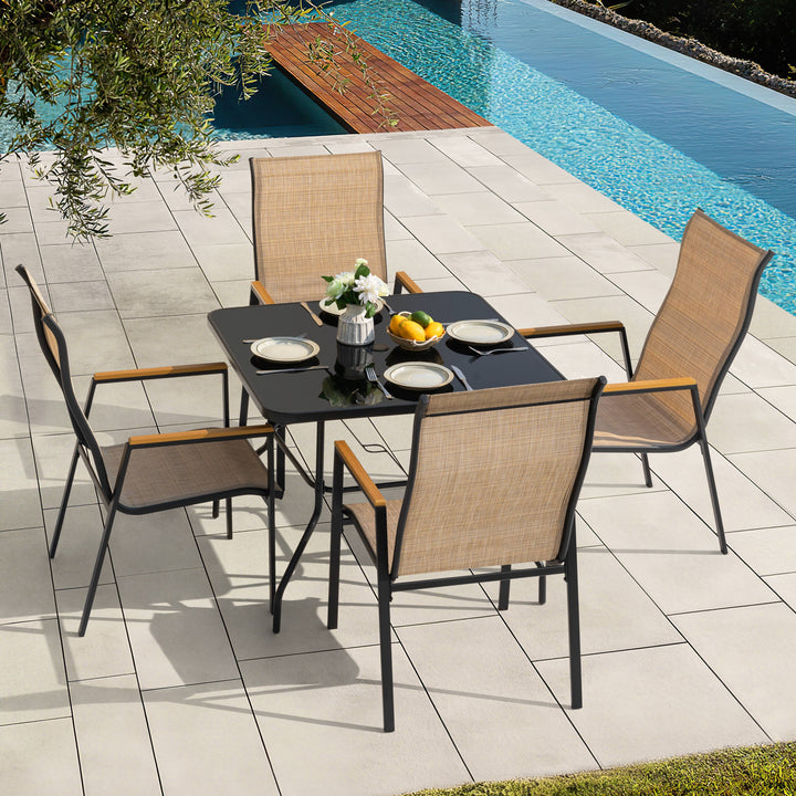 5PCS Patio Dining Set with Umbrella Hole, Textilene Stackable Chairs
