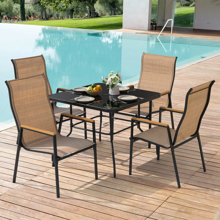 5PCS Patio Dining Set with Umbrella Hole, Textilene Stackable Chairs