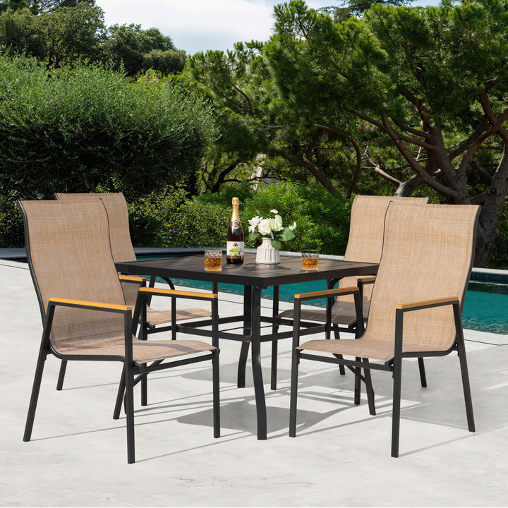 5-Piece Textilene Patio Dining Set with Umbrella Hole, Stackable Design