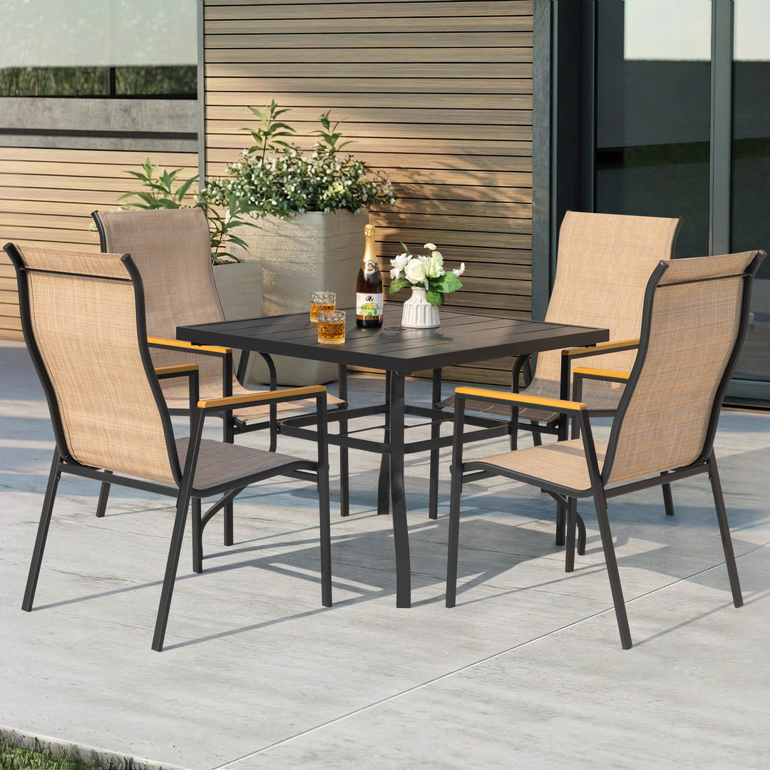 5-Piece Textilene Patio Dining Set with Umbrella Hole, Stackable Design