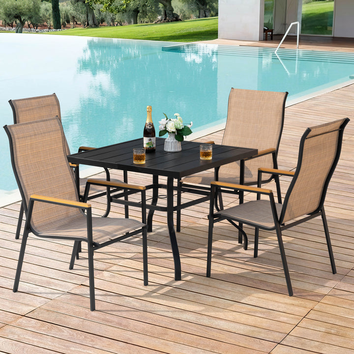 5-Piece Textilene Patio Dining Set with Umbrella Hole, Stackable Design