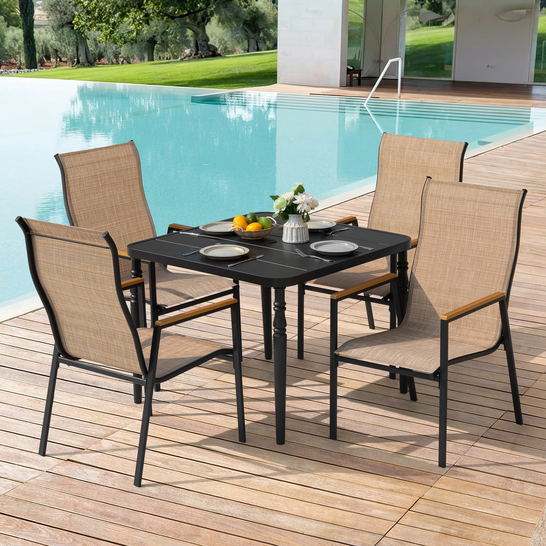 5-Piece Textilene Patio Dining Set with Umbrella Hole, Stackable Design