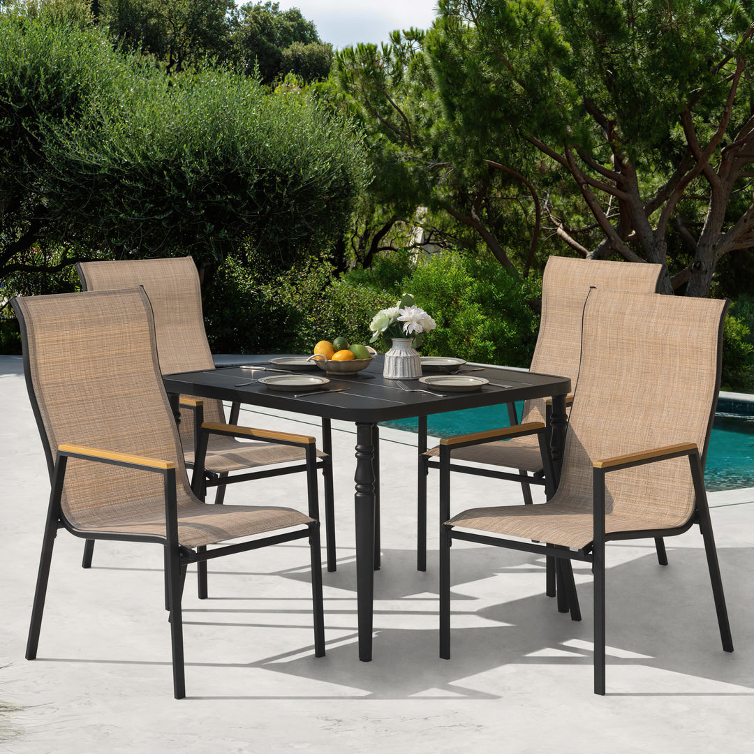 5-Piece Textilene Patio Dining Set with Umbrella Hole, Stackable Design