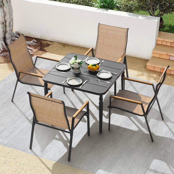 5-Piece Textilene Patio Dining Set with Umbrella Hole, Stackable Design