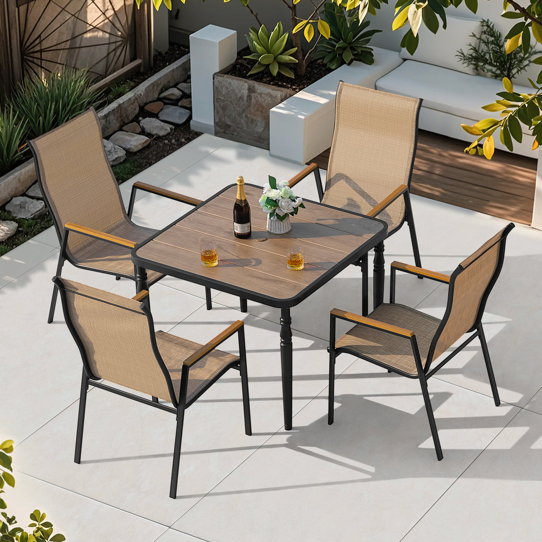 5-Piece Textilene Patio Dining Set with Umbrella Hole, Stackable Design