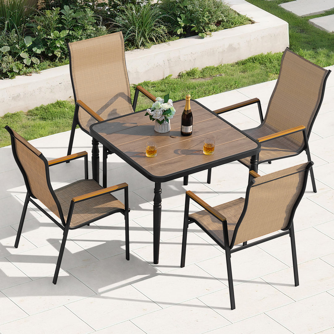 5-Piece Textilene Patio Dining Set with Umbrella Hole, Stackable Design