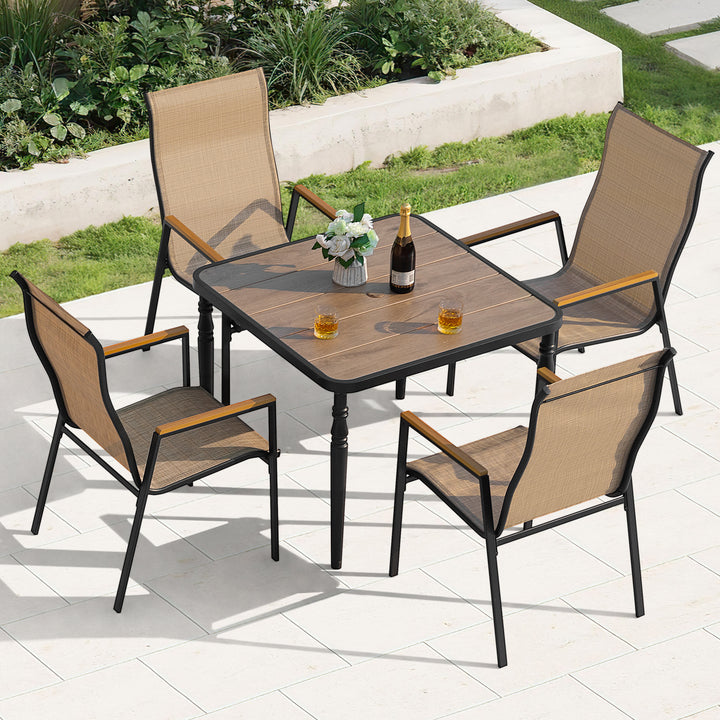 5-Piece Textilene Patio Dining Set with Umbrella Hole, Stackable Design