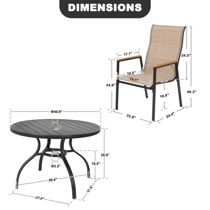 5-Piece Patio Dining Set with Umbrella Hole, Stackable Textilene Chairs