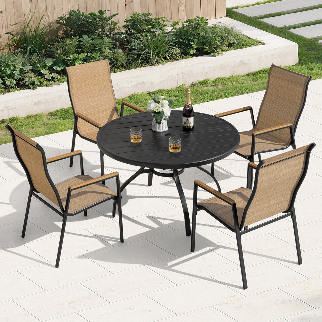 5-Piece Patio Dining Set with Umbrella Hole, Stackable Textilene Chairs