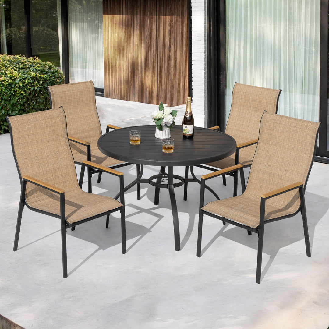 5-Piece Patio Dining Set with Umbrella Hole, Stackable Textilene Chairs