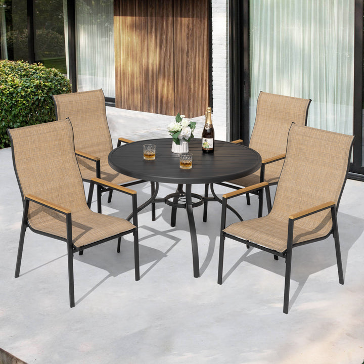 5-Piece Patio Dining Set with Umbrella Hole, Stackable Textilene Chairs