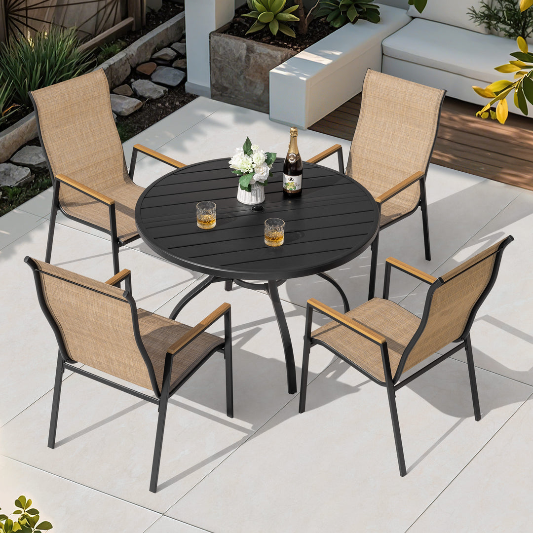 5-Piece Patio Dining Set with Umbrella Hole, Stackable Textilene Chairs