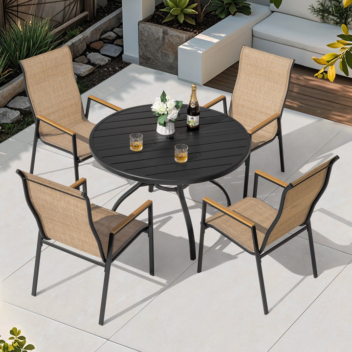 5-Piece Patio Dining Set with Umbrella Hole, Stackable Textilene Chairs