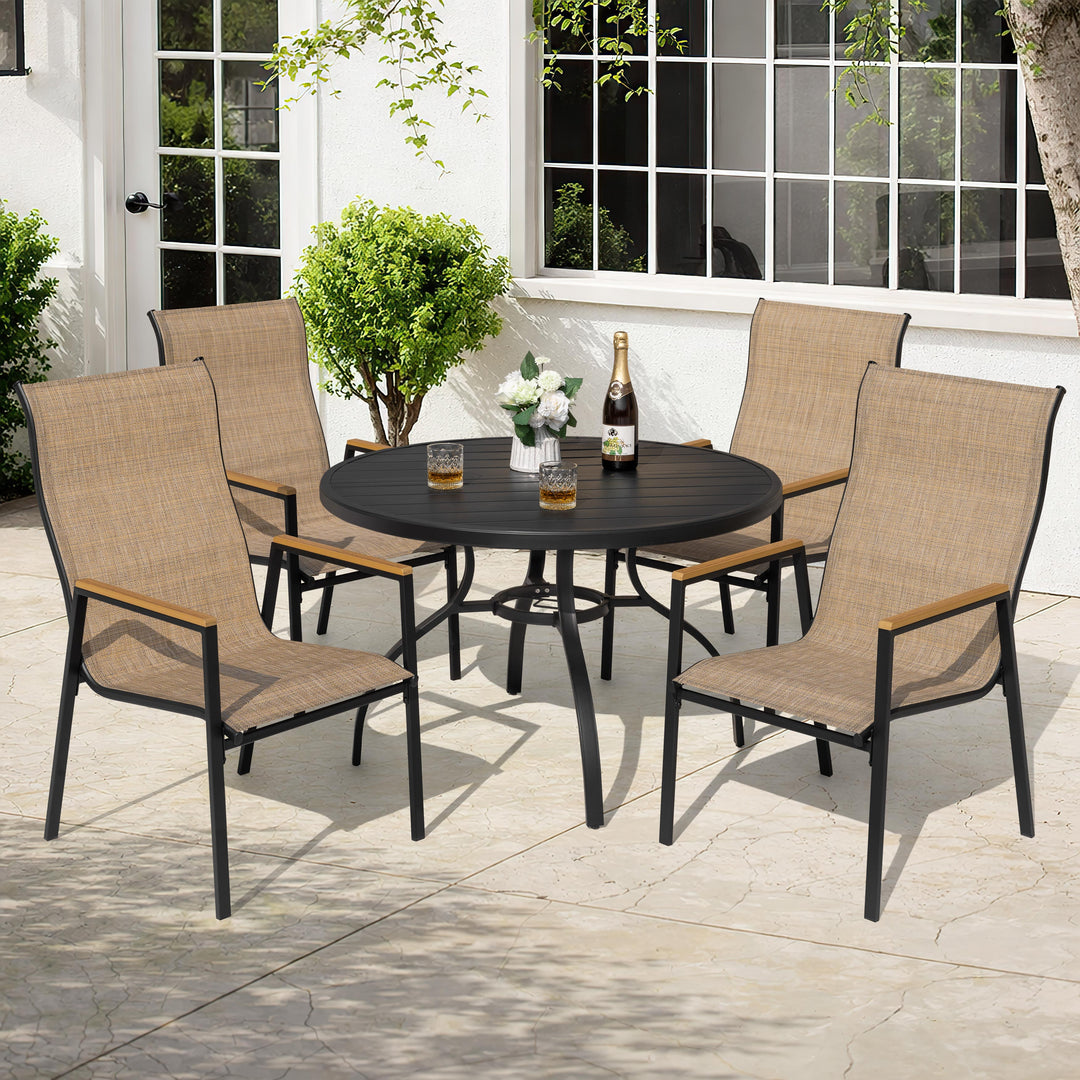 5-Piece Patio Dining Set with Umbrella Hole, Stackable Textilene Chairs