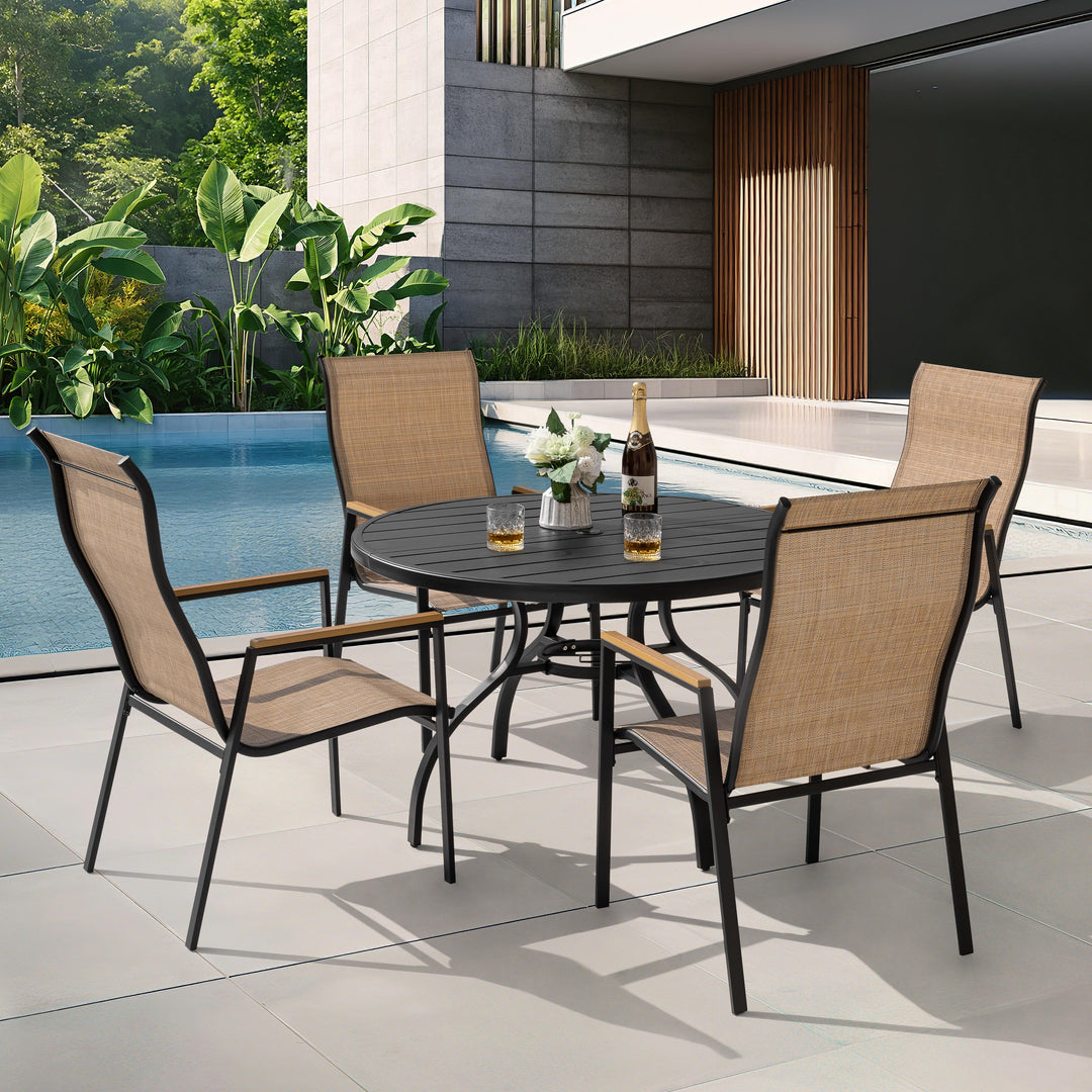 5-Piece Patio Dining Set with Umbrella Hole, Stackable Textilene Chairs