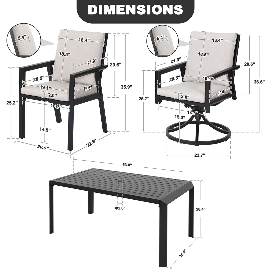 7-Piece Patio Aluminum Dining Set with Soft Cushions, Swivel Design