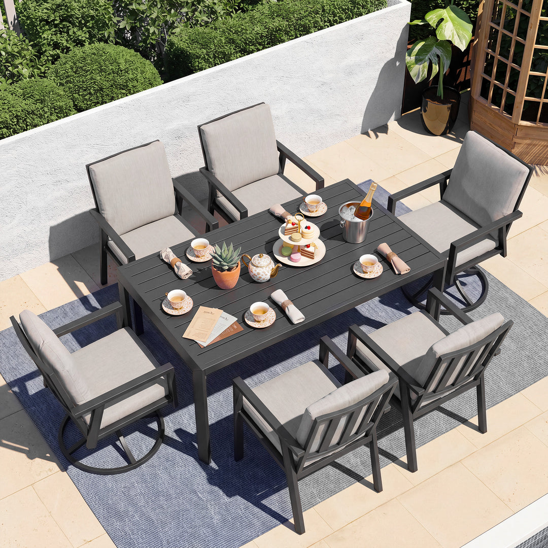 7-Piece Patio Aluminum Dining Set with Soft Cushions, Swivel Design