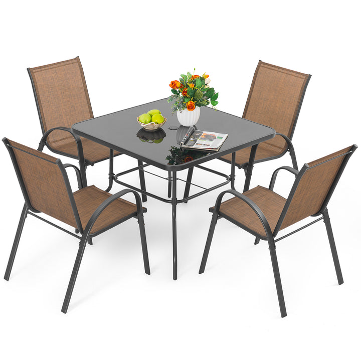 5-Piece Outdoor Dining Set, Textilene Stackable Chairs and Umbrella Hole