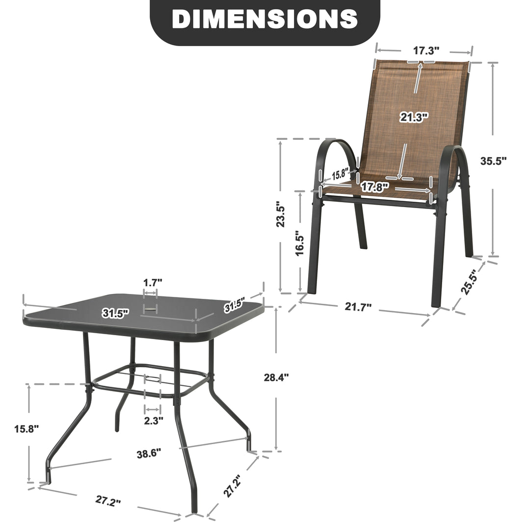 5-Piece Outdoor Dining Set, Textilene Stackable Chairs and Umbrella Hole