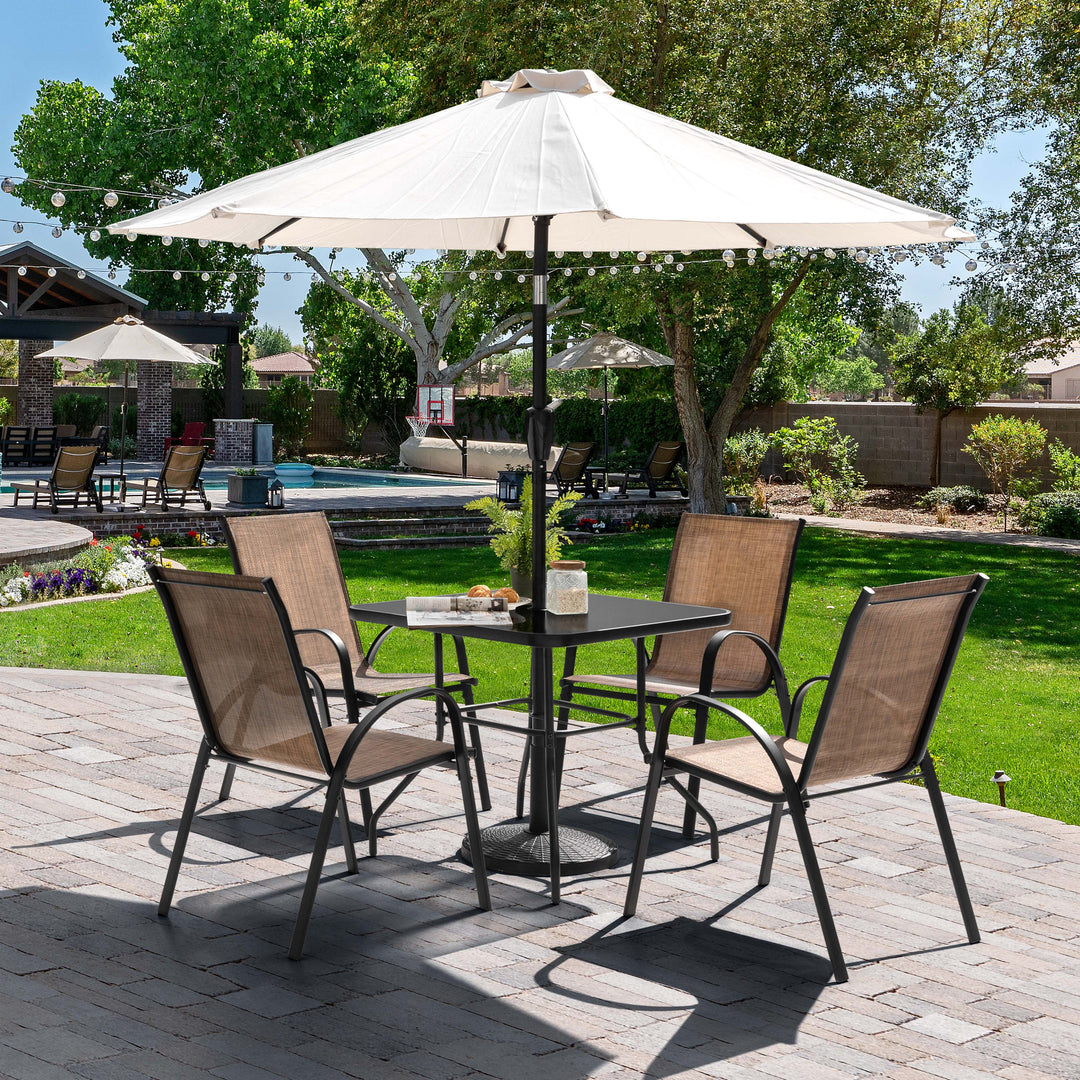 5-Piece Outdoor Dining Set, Textilene Stackable Chairs and Umbrella Hole