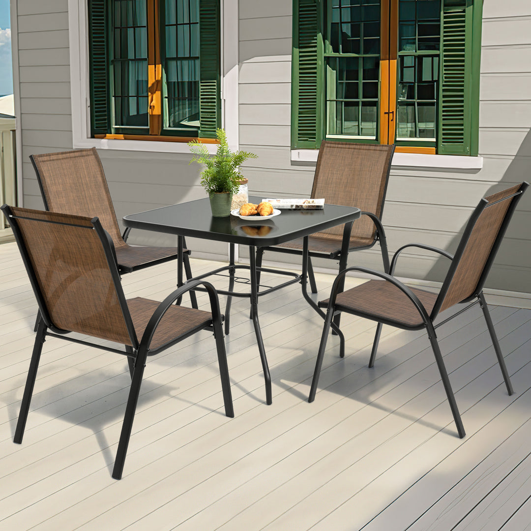 5-Piece Outdoor Dining Set, Textilene Stackable Chairs and Umbrella Hole