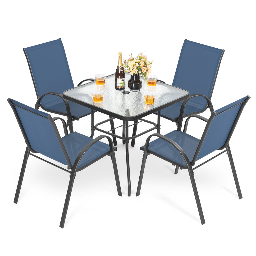 5-Piece Outdoor Dining Set, Textilene Stackable Chairs and Umbrella Hole