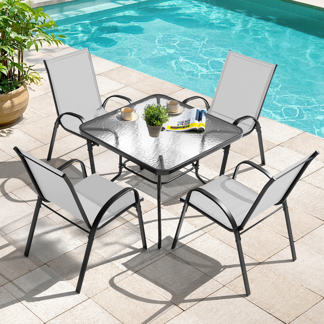 5-Piece Outdoor Dining Set, Textilene Stackable Chairs and Umbrella Hole