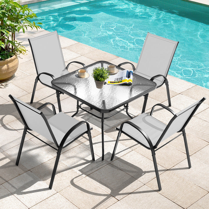 5-Piece Outdoor Dining Set, Textilene Stackable Chairs and Umbrella Hole