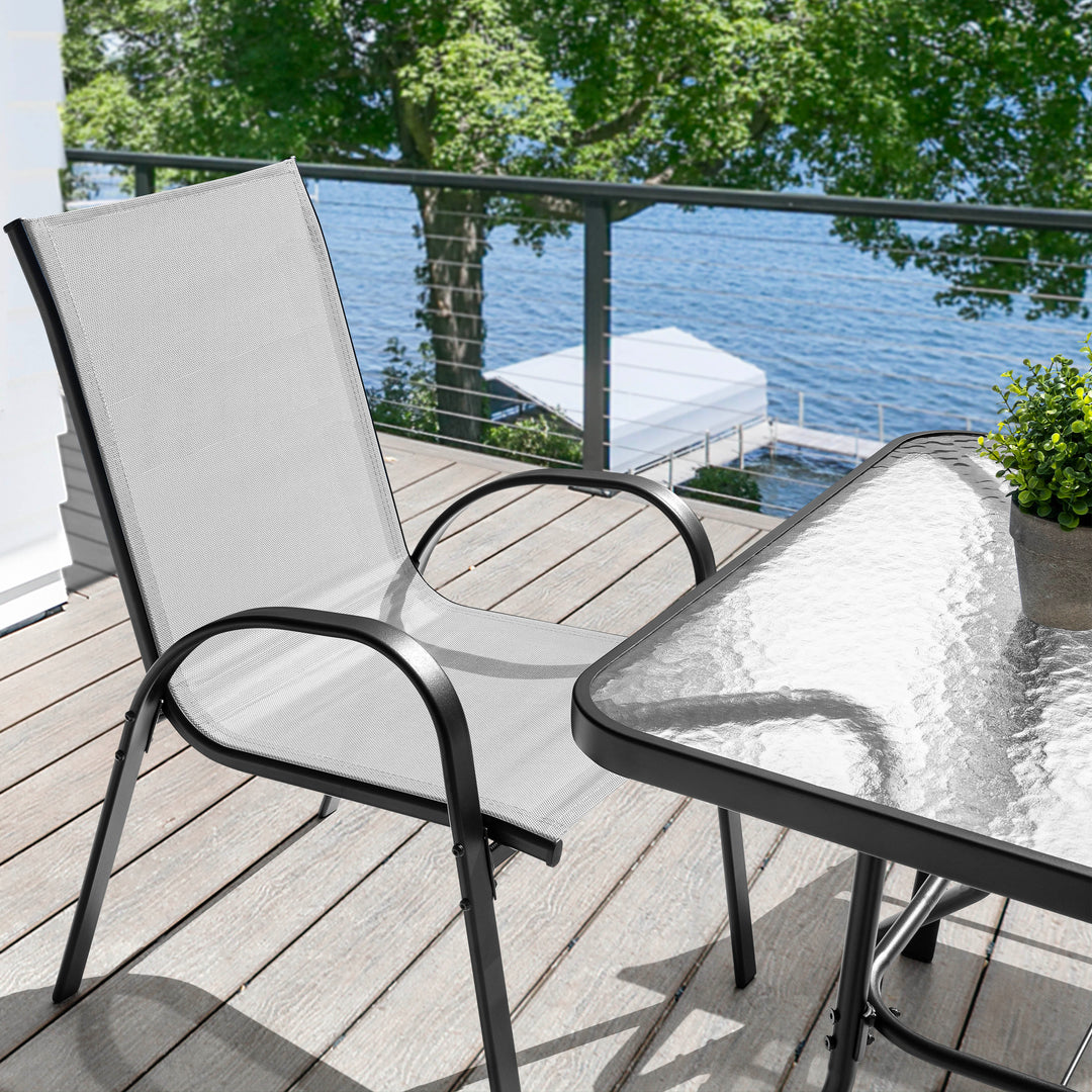 5-Piece Outdoor Dining Set, Textilene Stackable Chairs and Umbrella Hole