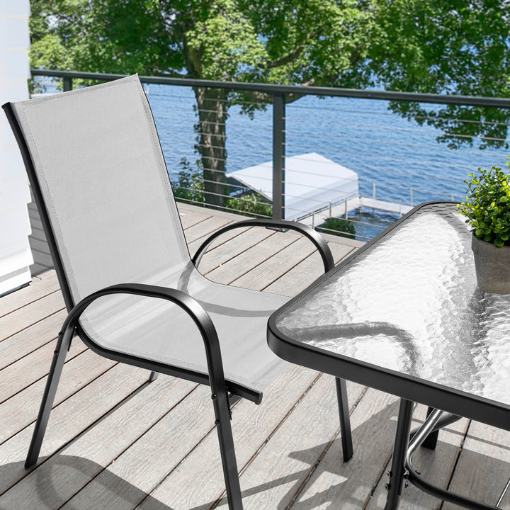 5-Piece Outdoor Dining Set, Textilene Stackable Chairs and Umbrella Hole
