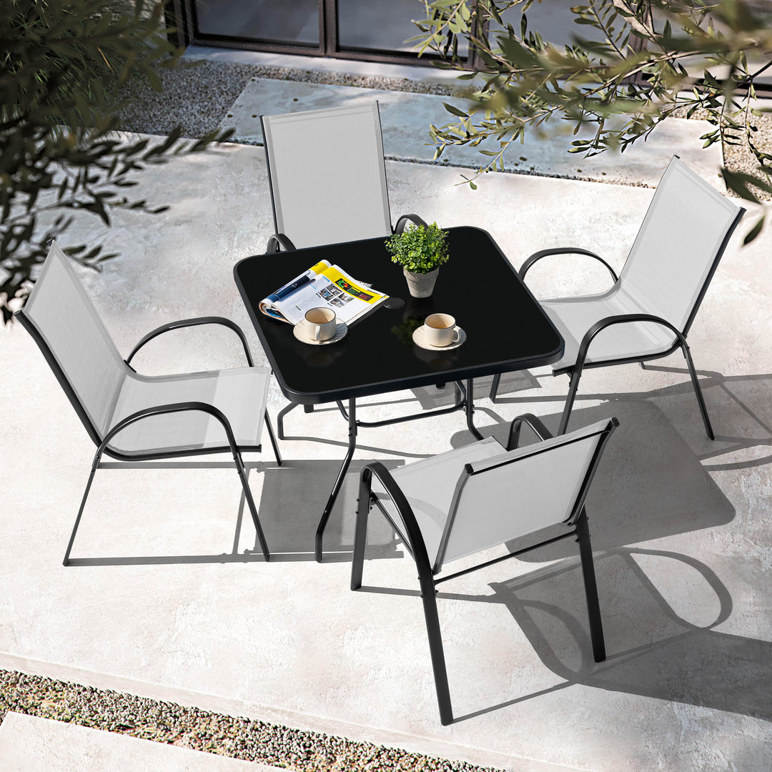 5-Piece Outdoor Dining Set, Textilene Stackable Chairs and Umbrella Hole