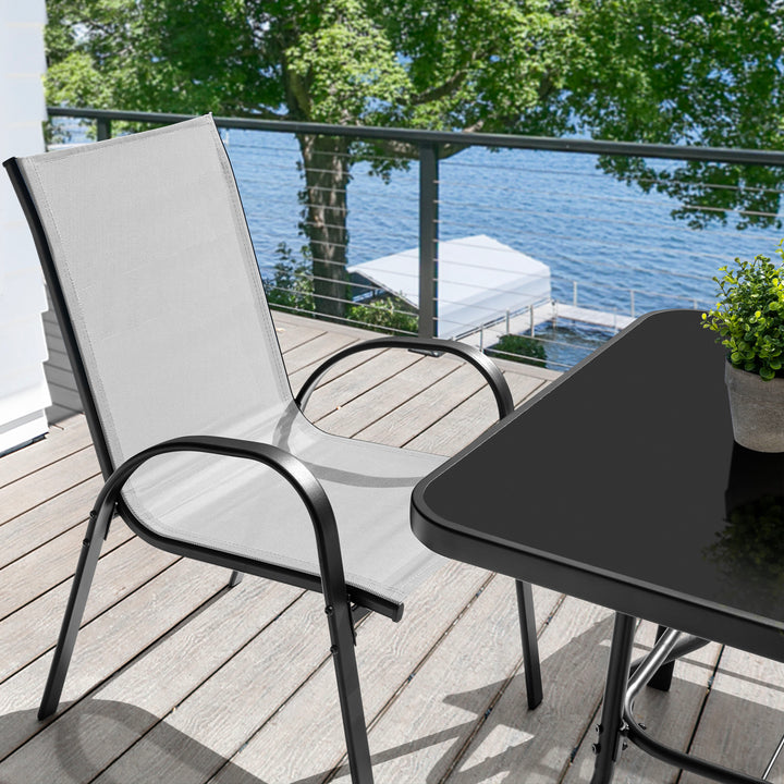 5-Piece Outdoor Dining Set, Textilene Stackable Chairs and Umbrella Hole