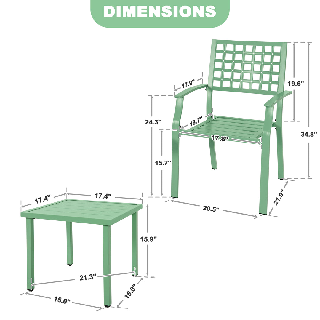 3-Piece Metal Patio Bistro Set with Stackable Chairs and Square Side Table