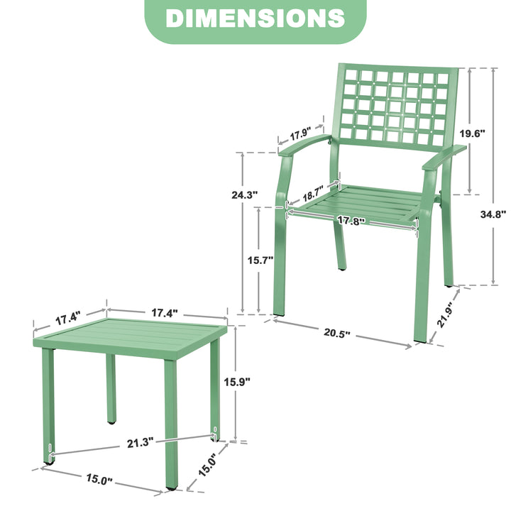 3-Piece Metal Patio Bistro Set with Stackable Chairs and Square Side Table