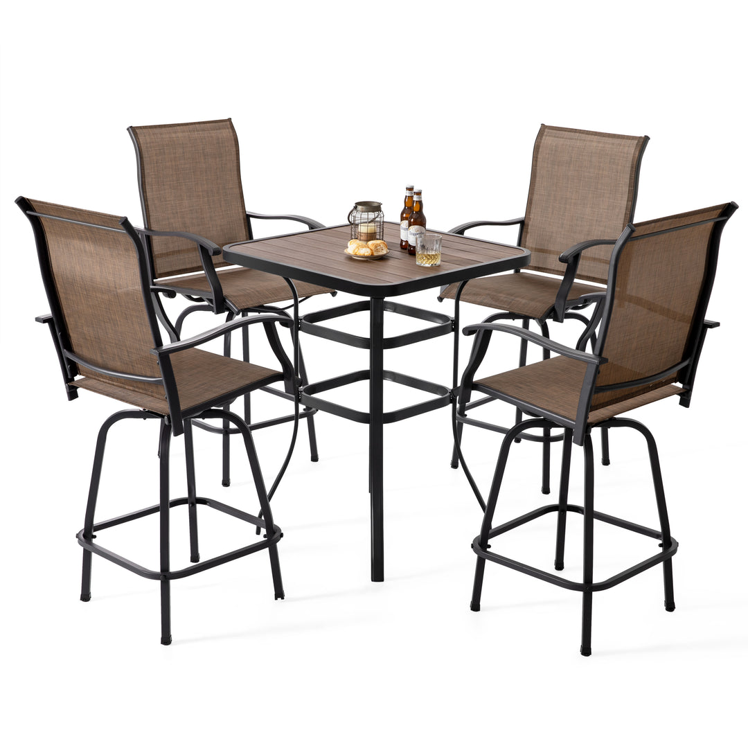 Patio Textilene Bar Set of 5, Height Back Bar Stools and Faux Wood Tabletop