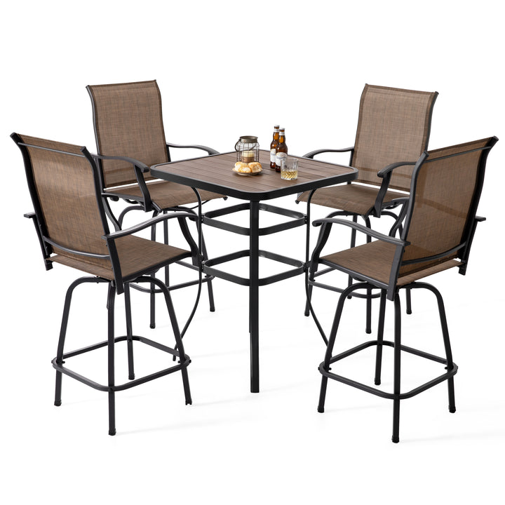 Patio Textilene Bar Set of 5, Height Back Bar Stools and Faux Wood Tabletop