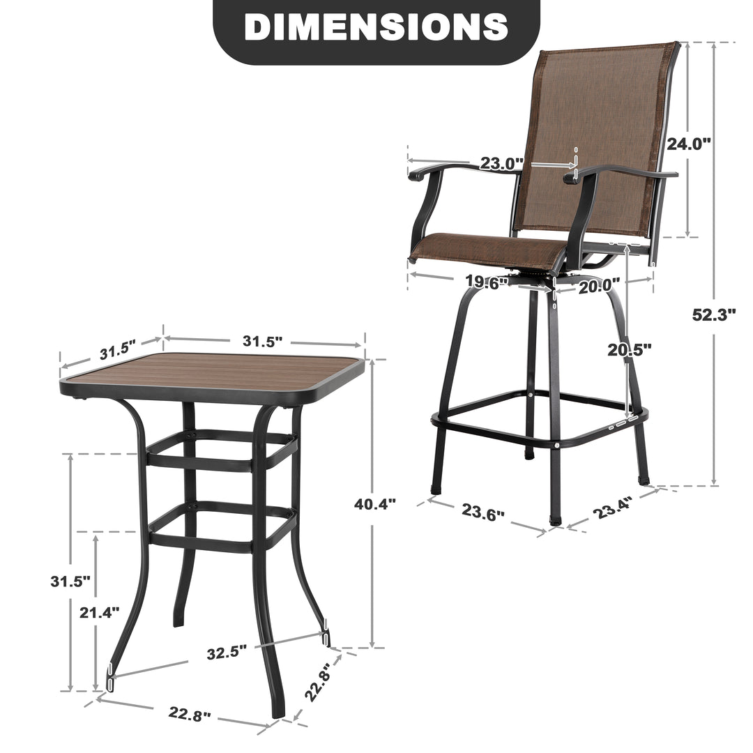 Patio Textilene Bar Set of 5, Height Back Bar Stools and Faux Wood Tabletop
