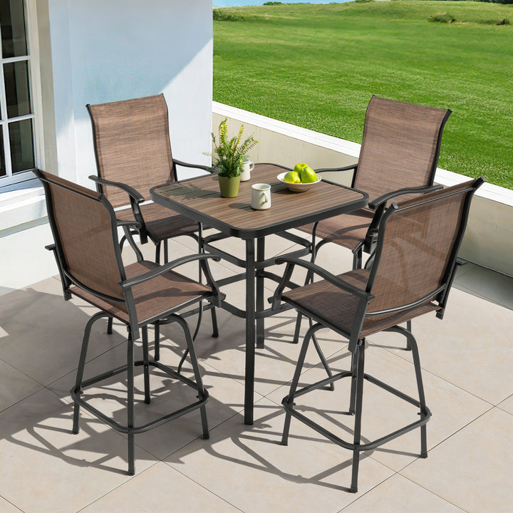 Patio Textilene Bar Set of 5, Height Back Bar Stools and Faux Wood Tabletop