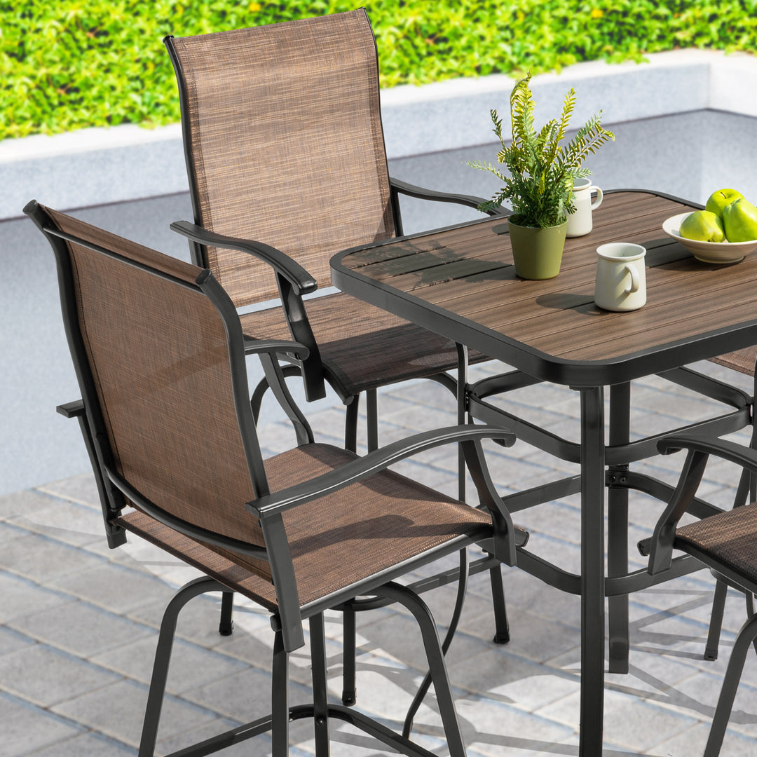Patio Textilene Bar Set of 5, Height Back Bar Stools and Faux Wood Tabletop