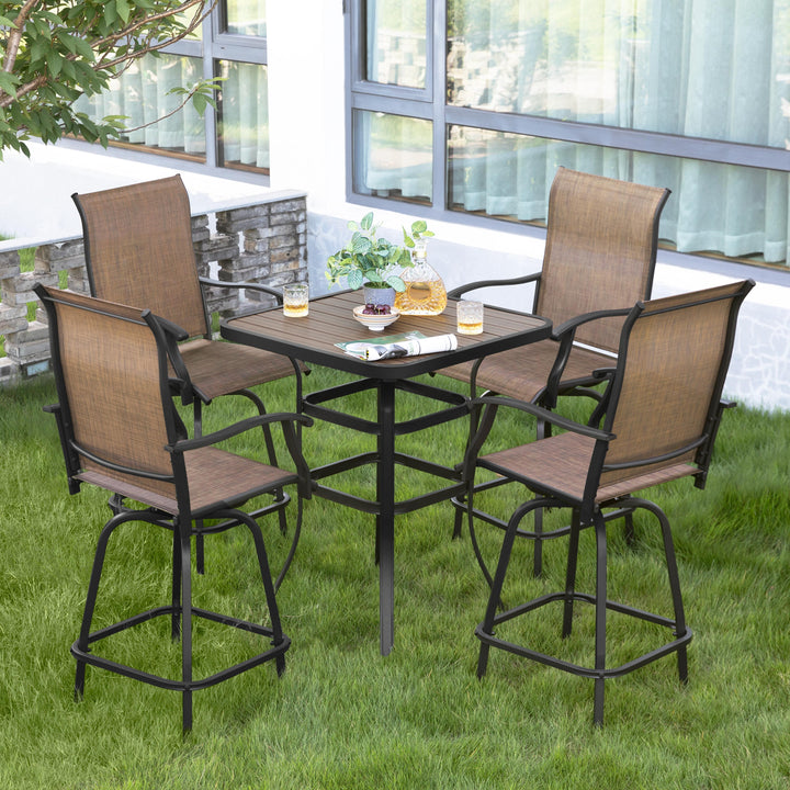 Patio Textilene Bar Set of 5, Height Back Bar Stools and Faux Wood Tabletop