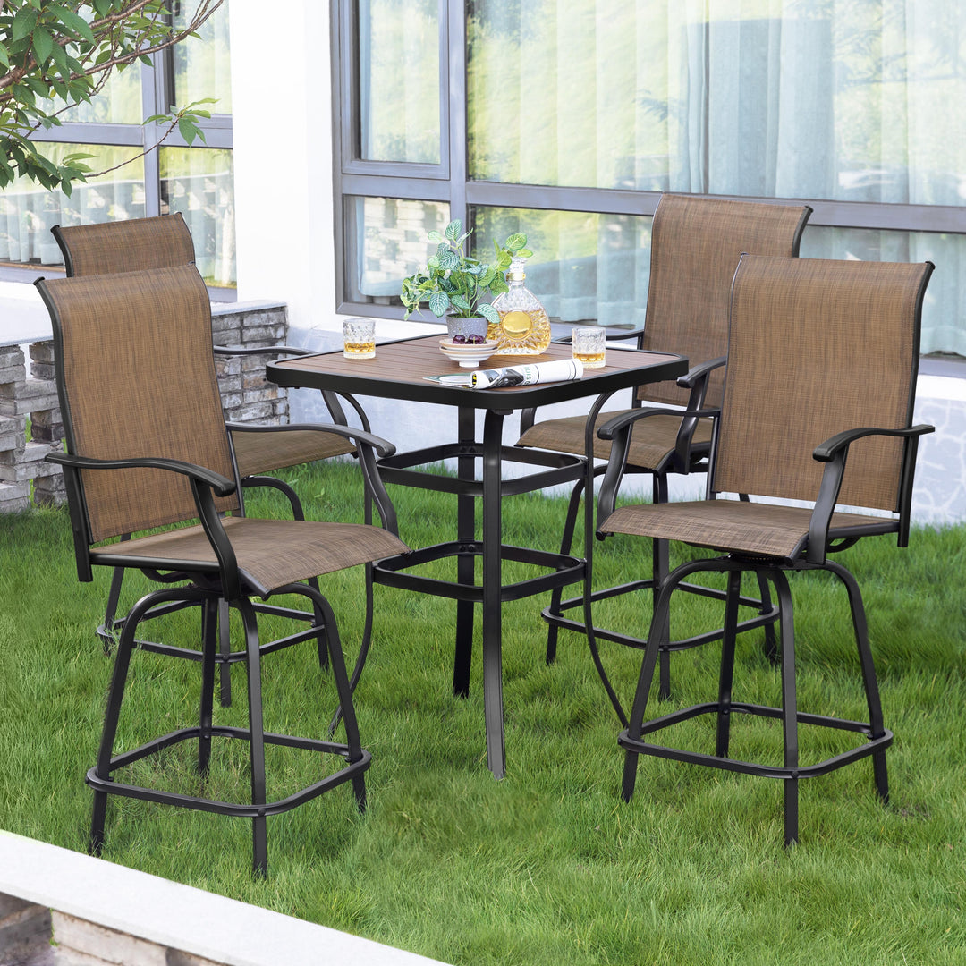 Patio Textilene Bar Set of 5, Height Back Bar Stools and Faux Wood Tabletop