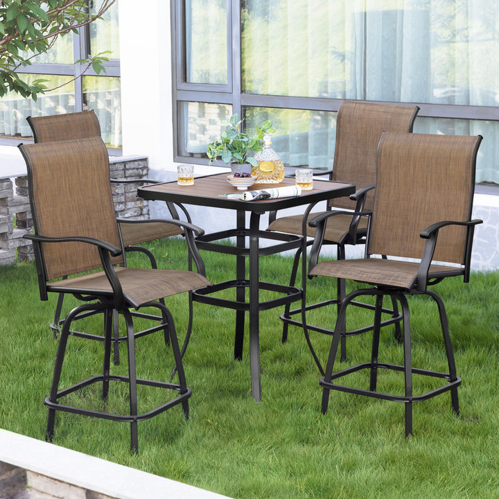 Patio Textilene Bar Set of 5, Height Back Bar Stools and Faux Wood Tabletop