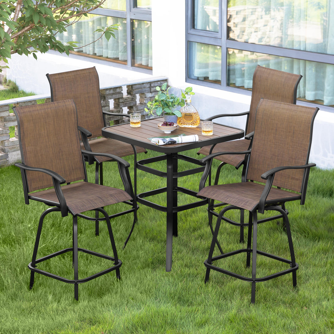 Patio Textilene Bar Set of 5, Height Back Bar Stools and Faux Wood Tabletop